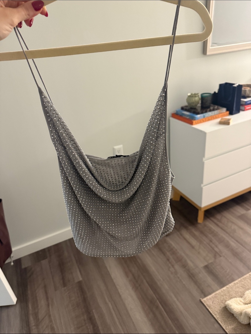 Womens Gray Rhinestone Draped Sling Bag